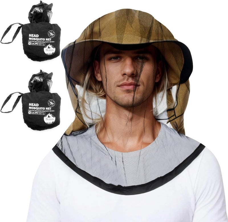 Benvo Mosquito Head Net Mesh One Piece Face Neck Fly Netting Cover from Bugs Gnats Noseeums Hat-Compatible Insect Shield for Fishing, Camping, Gardening (2pcs, Black, Upgraded Big Net) - Image 1